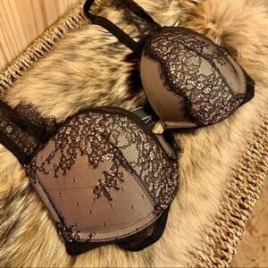 Victorias Secret Very Sexy Lace Push-up Bra Black Lace Overlay Nude Tan Size 32C